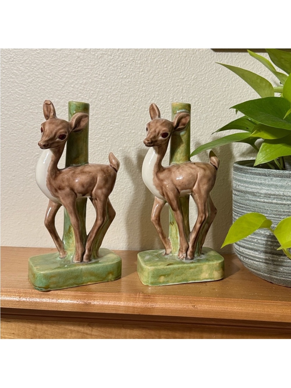 Vintage Mid Century Ceramic Deer Fawn Candle Holder Vase Pair Cottagecore